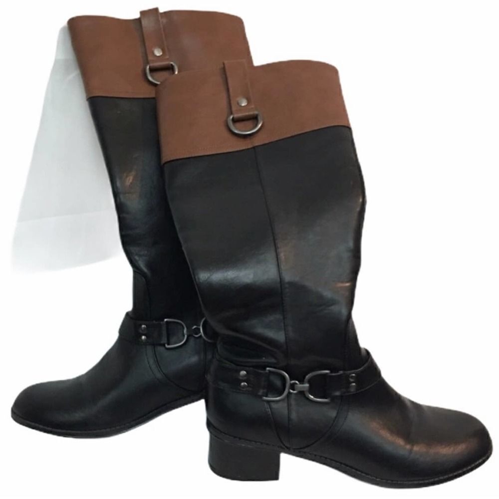 Bandolino Tall Black Brown Vegan Leather Buckle Zip Up Boot Size 61/2